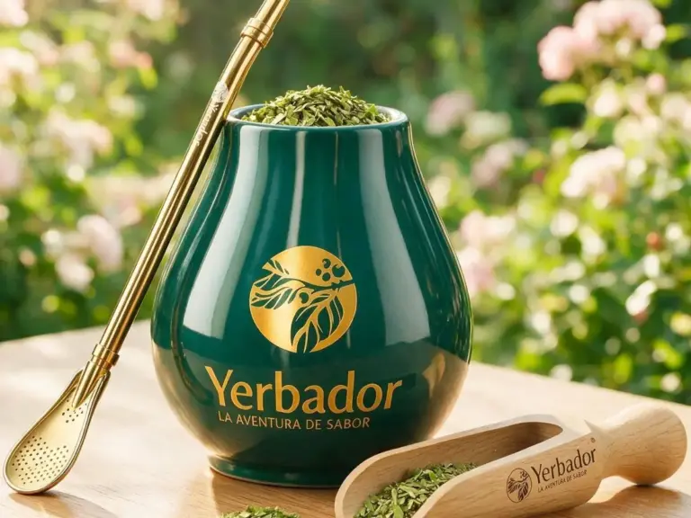Green Yerbador matero with a gold bombilla and a beechwood scoop full of dried yerba