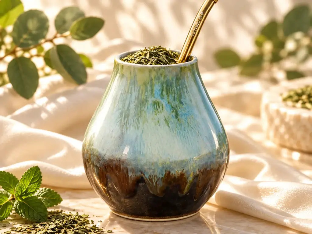 Hand-glazed blue-and-brown matero with yerba and a bombilla on satin fabric