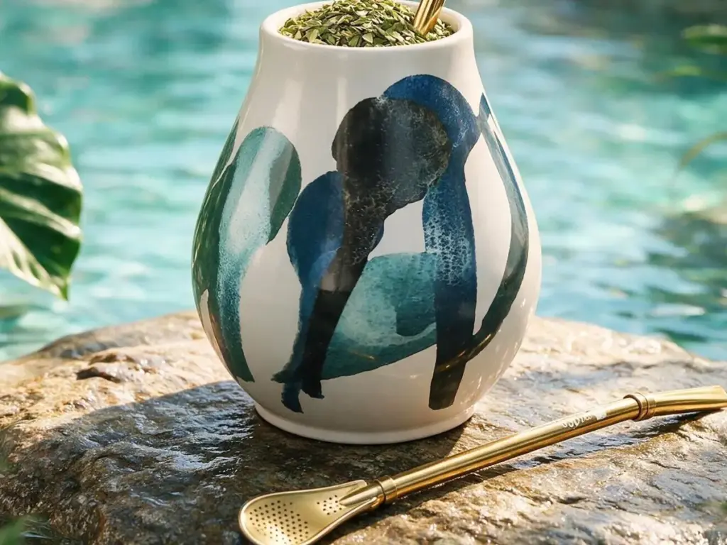 Yerba mate certificates: hand-painted Oaza matero with yerba and a bombilla by turquoise water