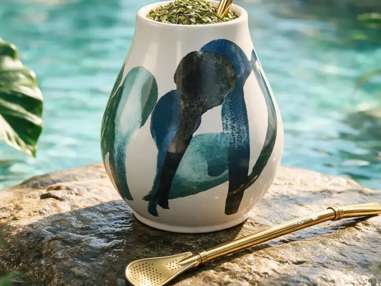 Hand-painted Oaza matero with yerba and a bombilla by turquoise water