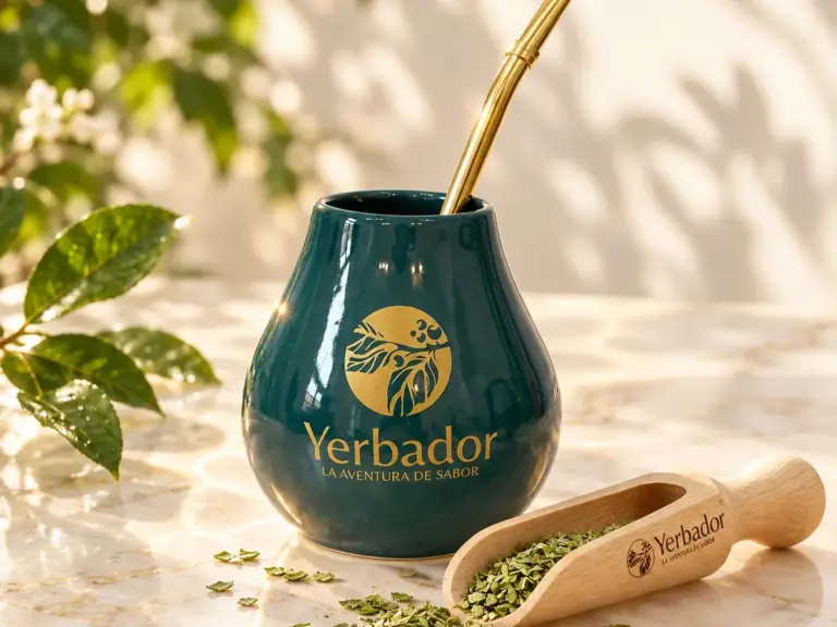 Yerbador matero with a gold bombilla and a scoop of dried yerba on sunlit marble