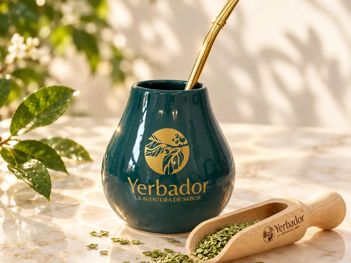 Yerbador matero with a gold bombilla and a scoop of dried yerba on sunlit marble