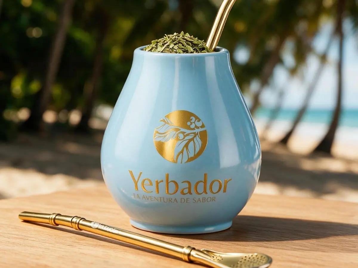 Blue Yerbador Pro 2 matero with a bombilla against a beach backdrop