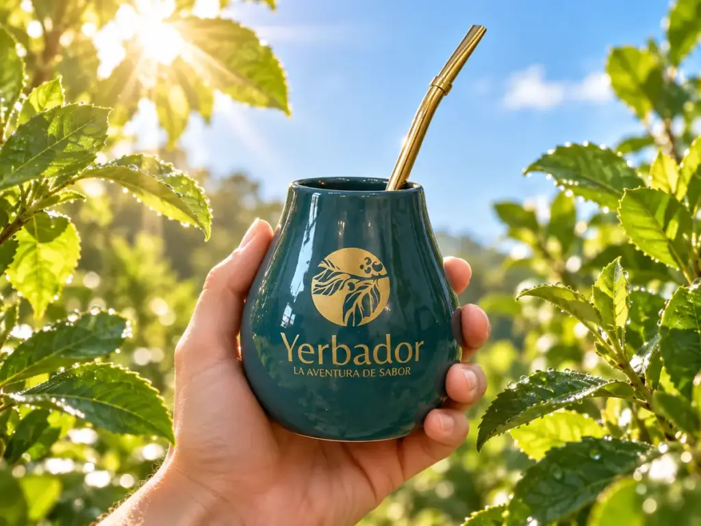 Is yerba mate healthy: hand holding a Yerbador matero against green leaves and sunlight