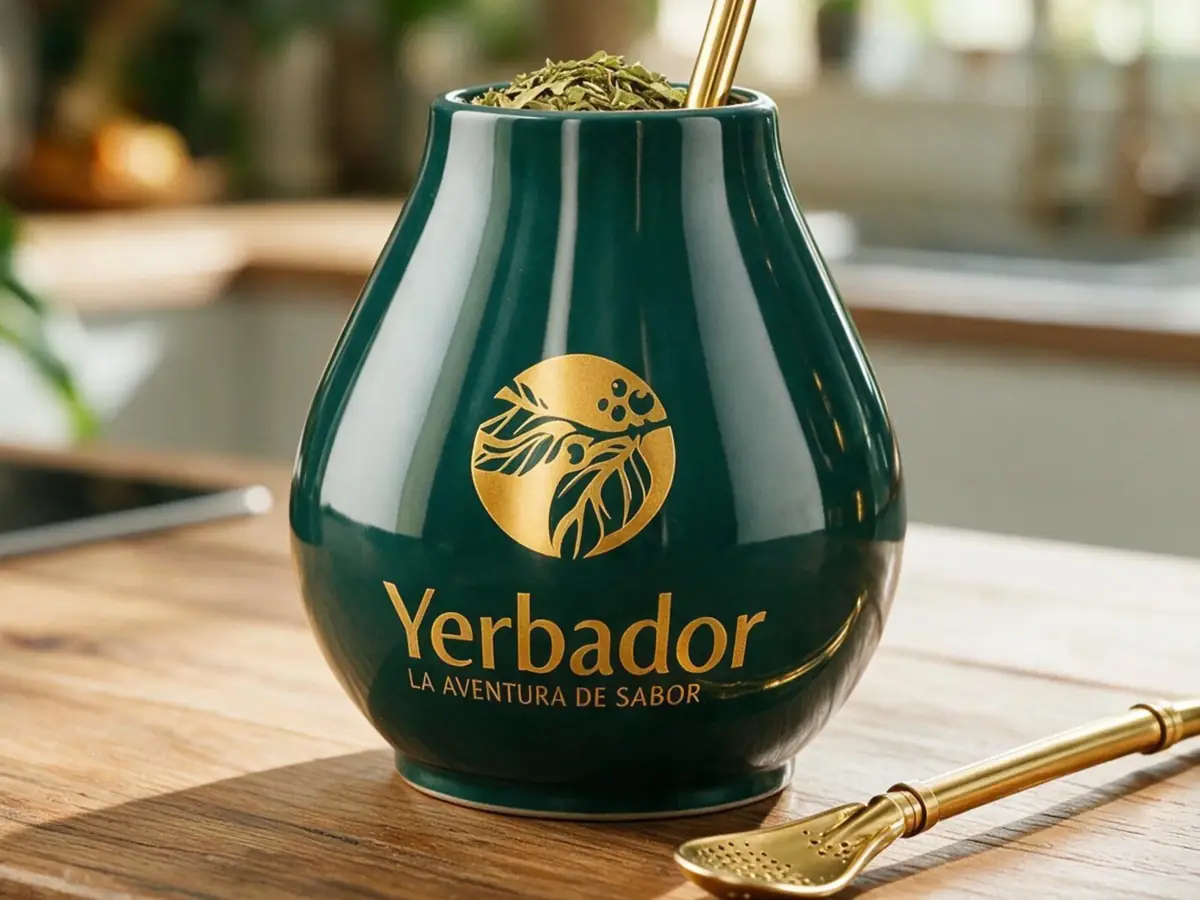 Green Yerbador matero with yerba and a bombilla on a kitchen countertop