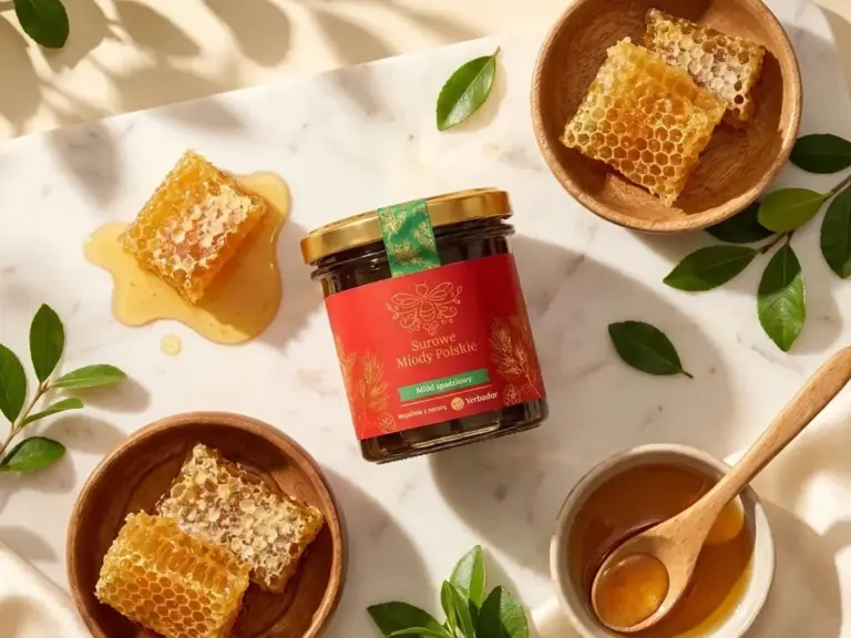Flat lay: Yerbador honey jar, honeycomb slices in wooden bowls and honey in a dish