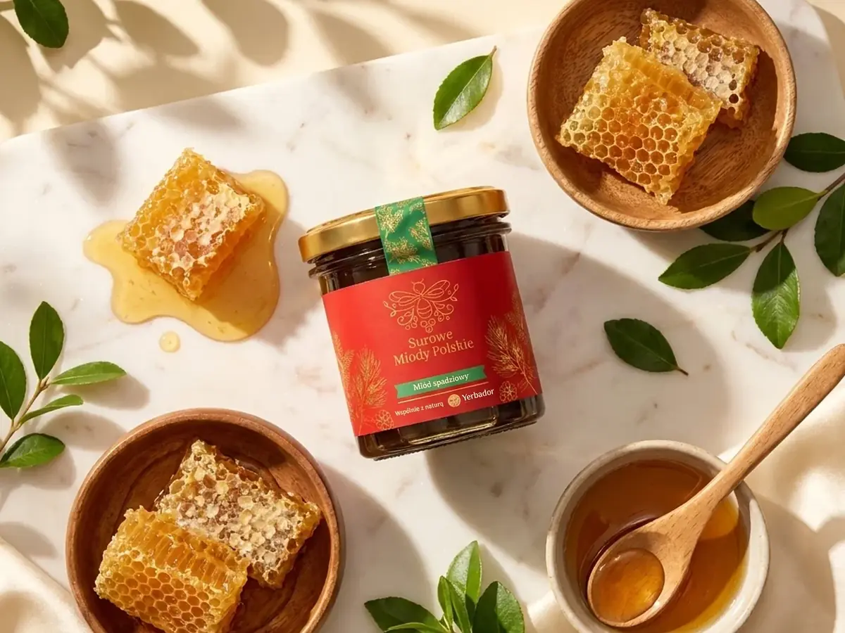 Flat lay: Yerbador honey jar, honeycomb slices in wooden bowls and honey in a dish
