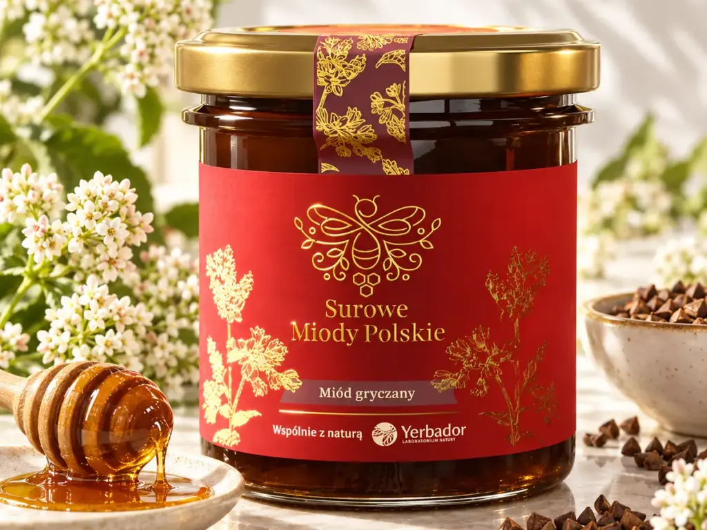 Miel de tilleul: pot de miel de sarrasin brut Yerbador avec une cuillère en bois et des fleurs