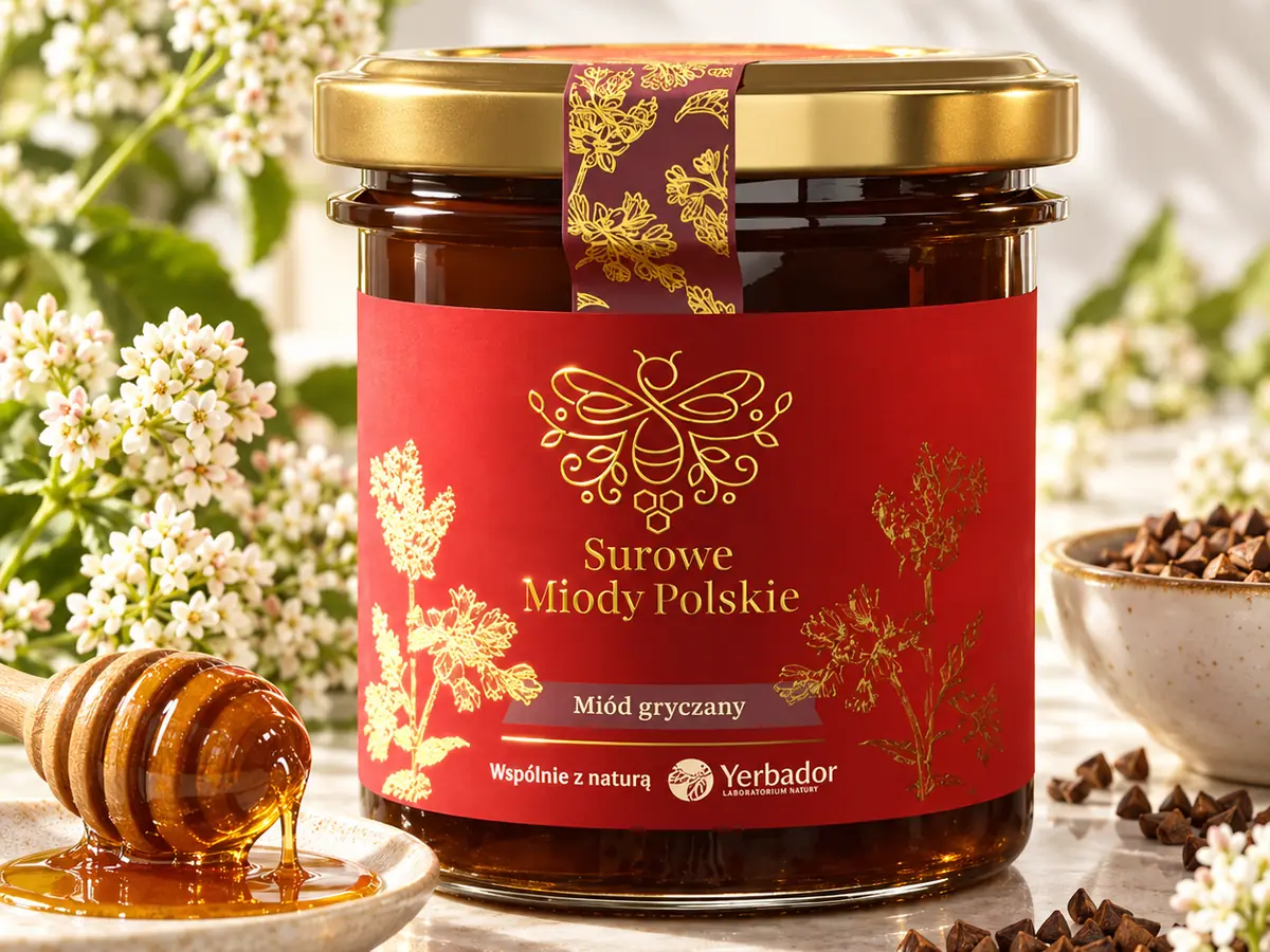 Jar of raw Yerbador buckwheat honey with a wooden spoon and flowers