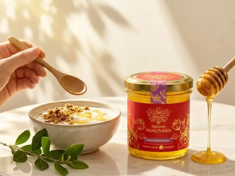 Honey dripping from a spoon next to a Yerbador jar and a bowl of yogurt with granola