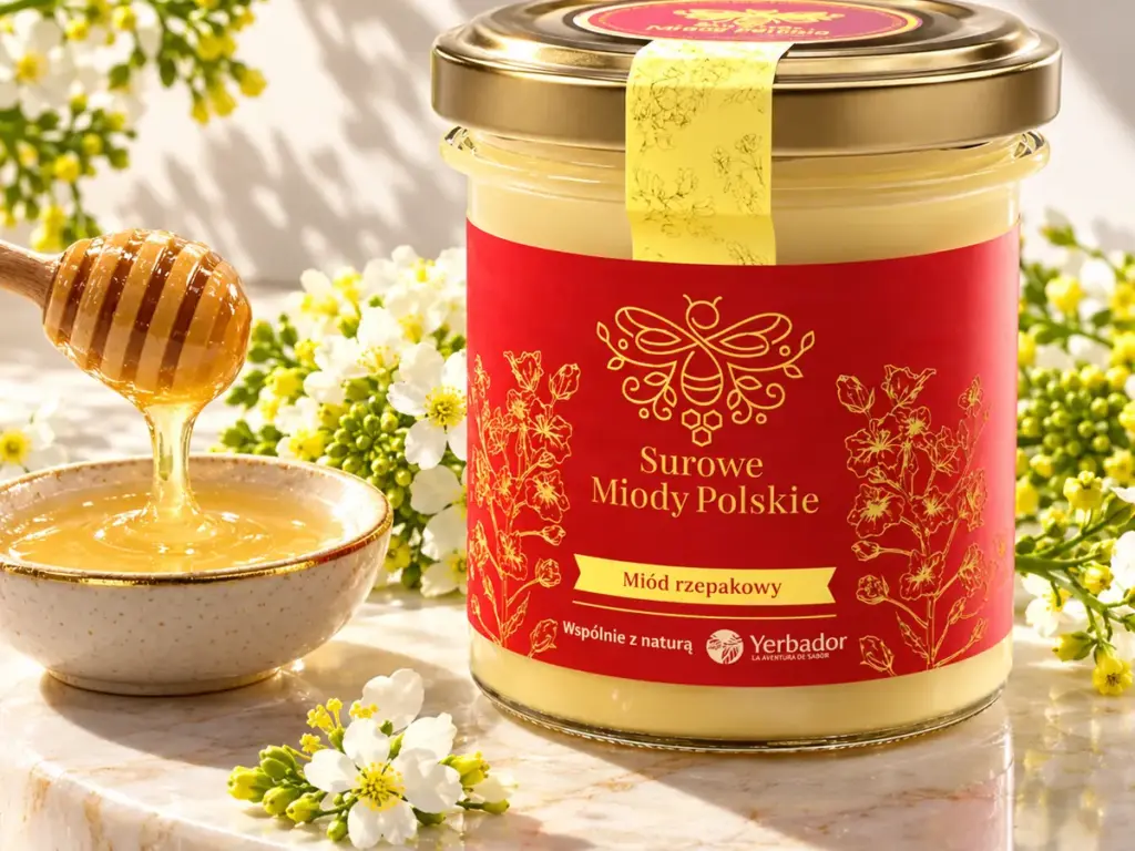 Miele di tiglio: cremoso miele di colza Yerbador con fiori di colza e un cucchiaio da miele