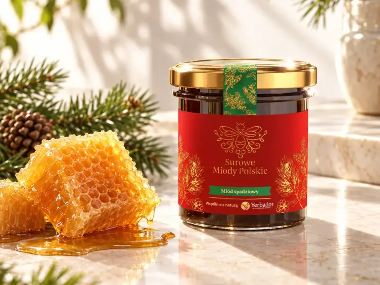 Dark Yerbador honeydew honey next to a honeycomb and pine cones