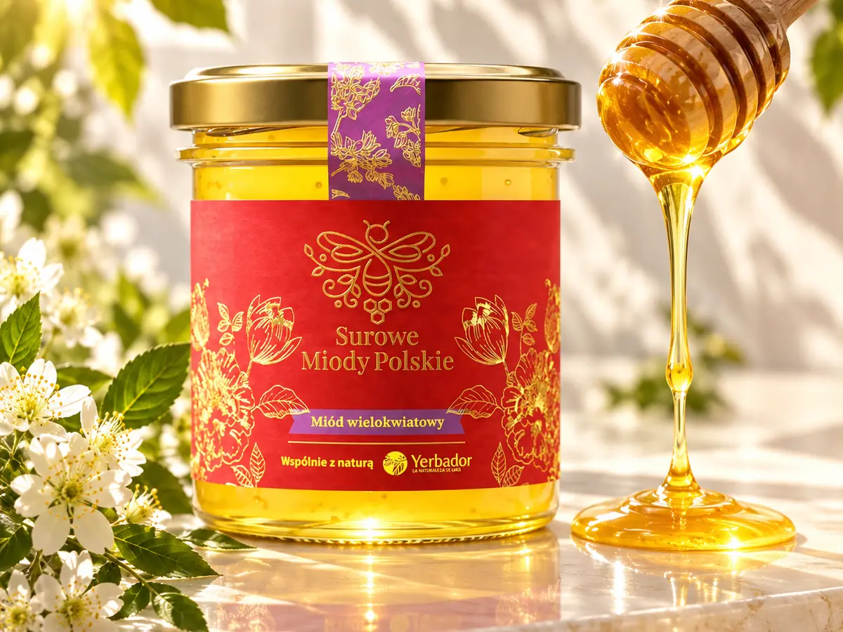 Jar of Yerbador raw multiflower honey with honey dripping from a spoon