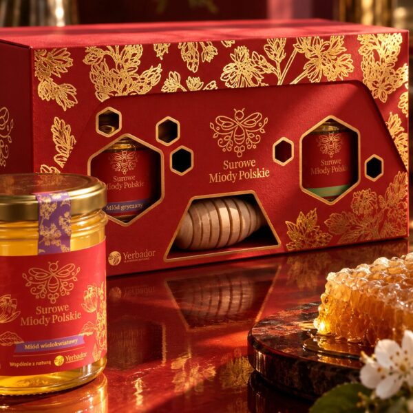 Raw Polish Honeys — red packaging with gold foil