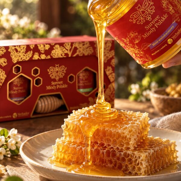 Liquid honey poured over honeycomb