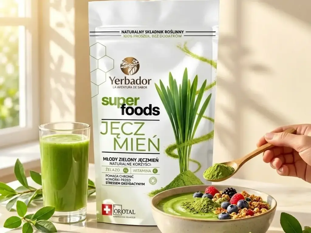 Yerba mate with guarana: green bowl and Yerbador young barley smoothie in a sunny kitchen