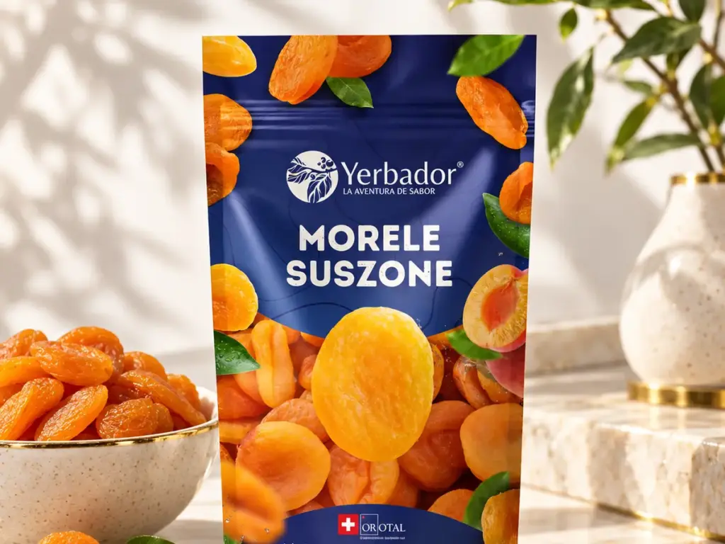 Brazil nuts: juicy orange Yerbador dried apricots in a pack and a bowl