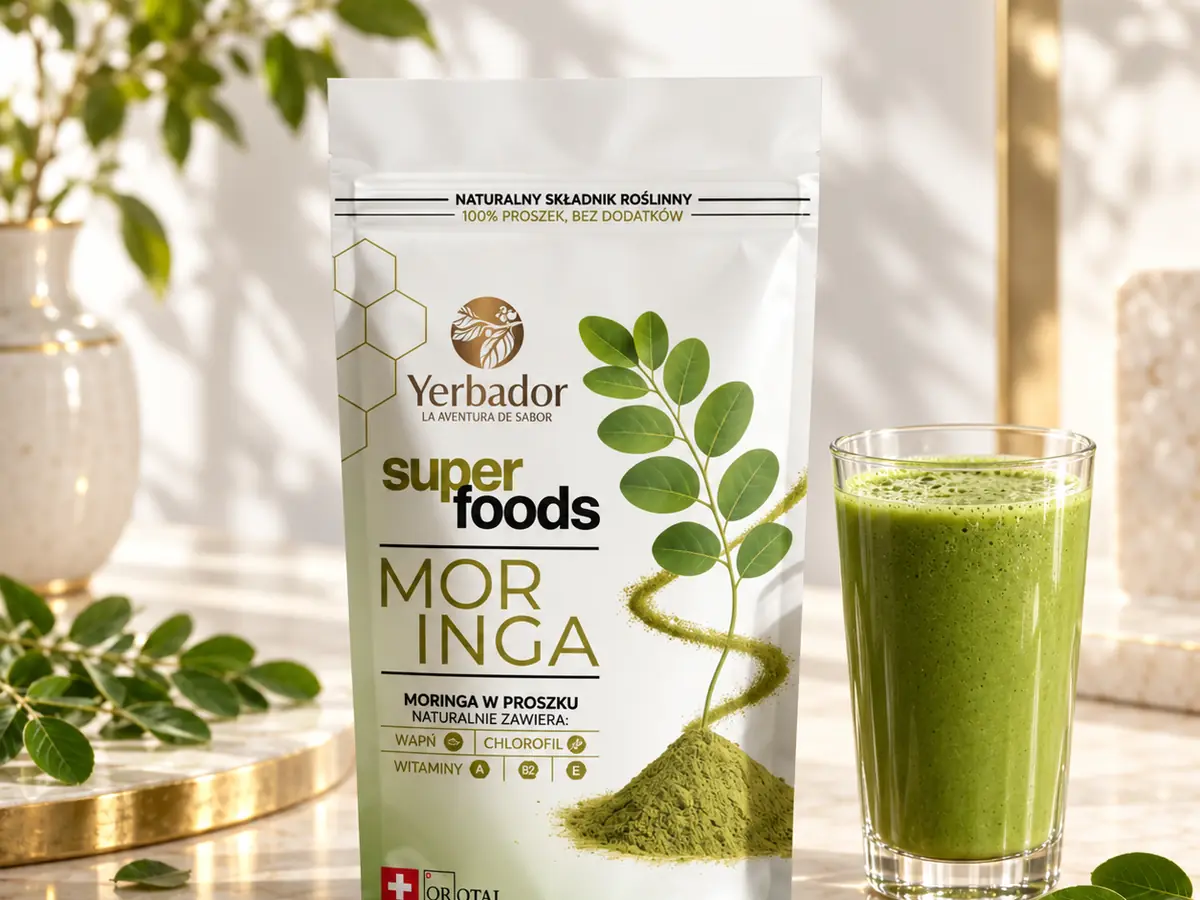 Yerbador moringa powder with moringa leaves and a green drink