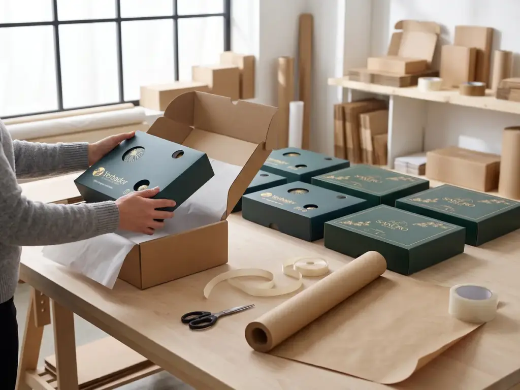 Packing a corporate order — Yerbador and Sakuro Matcha boxes going into cartons