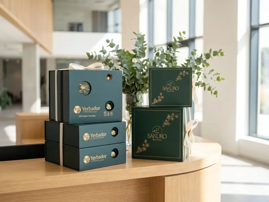 Stacks of Yerbador and Sakuro Matcha gift boxes with ribbons at an office reception