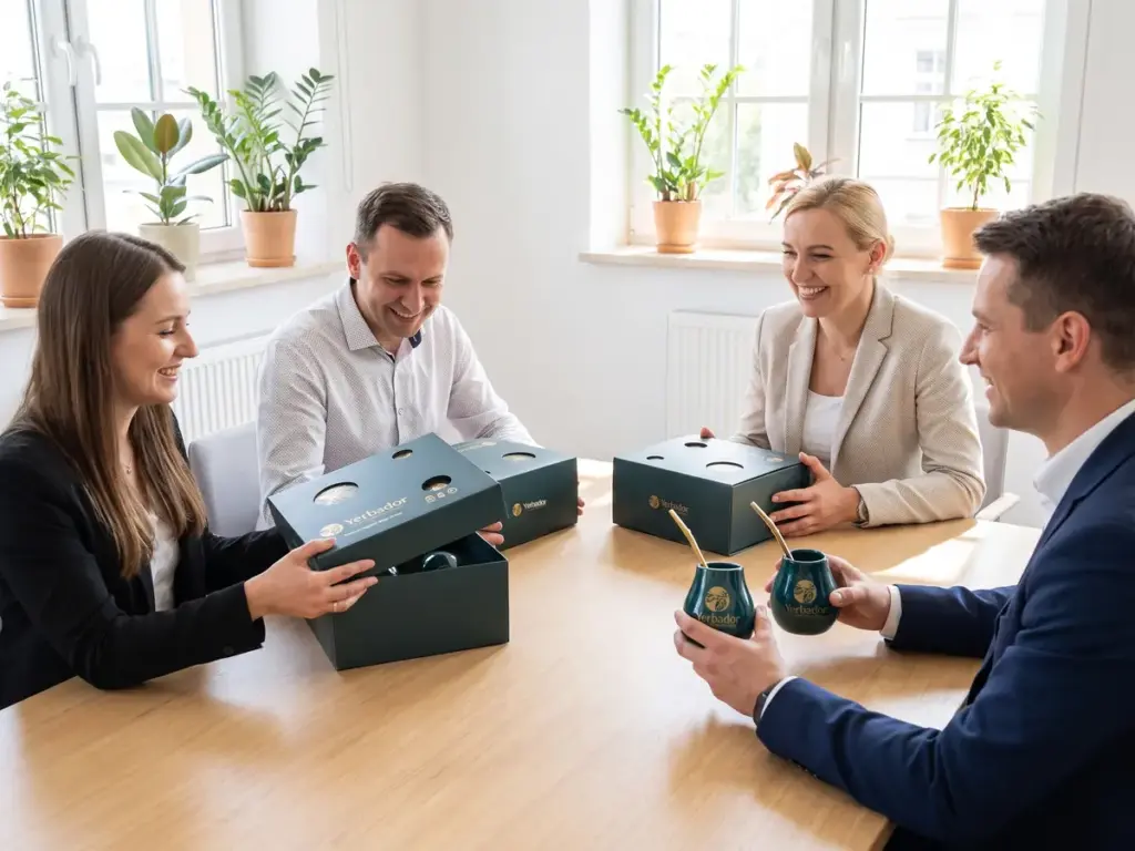 Smiling office team opening corporate Yerbador gift sets with matero cups