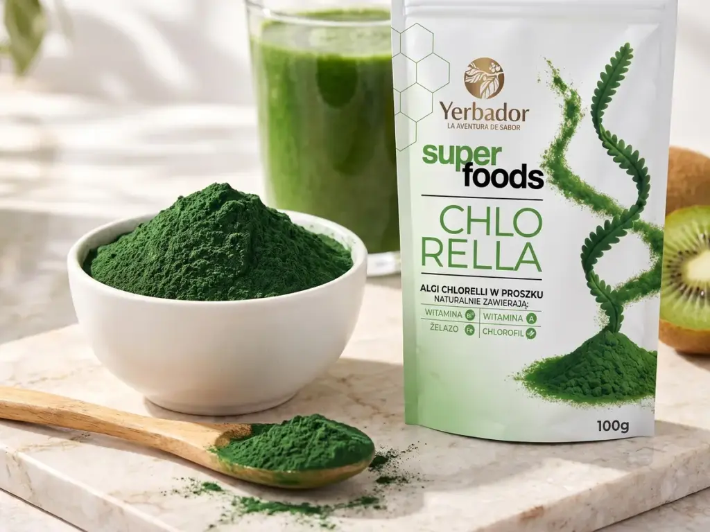 Bowl of emerald chlorella powder, a spoon and a Yerbador Chlorella pack