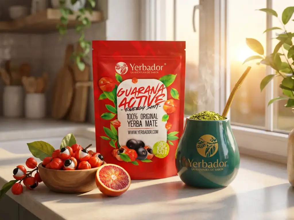 Guarana Active pack, a matero with yerba and guarana fruit in morning sunlight in the kitchen