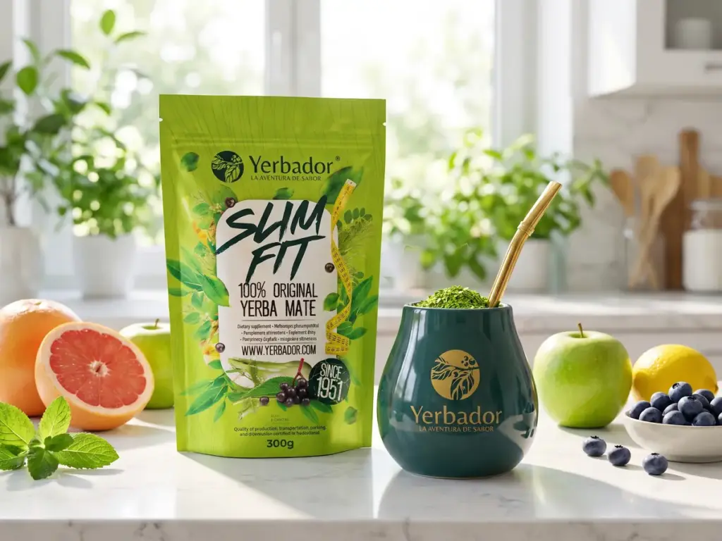 Cleanse your gut and body: yerbador Slim Fit pack and a matero with green yerba among grapefruit, apples and blueberries