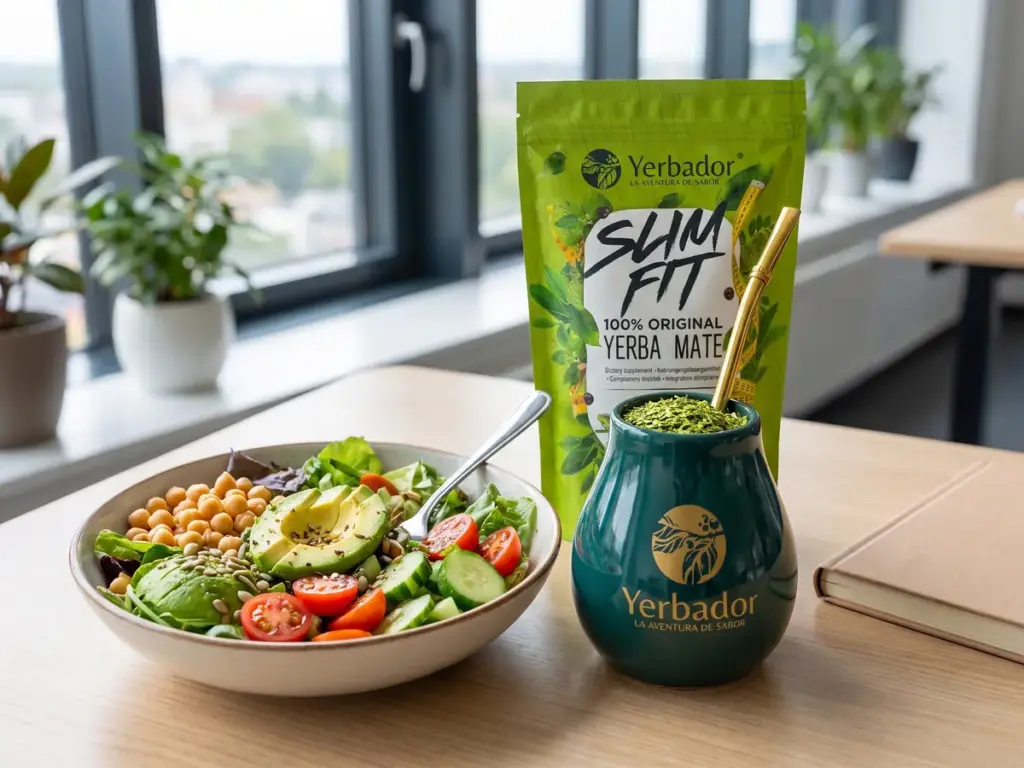 Yerba mate for weight loss: colorful chickpea and avocado salad, a Yerbador matero and Slim Fit pack on a desk