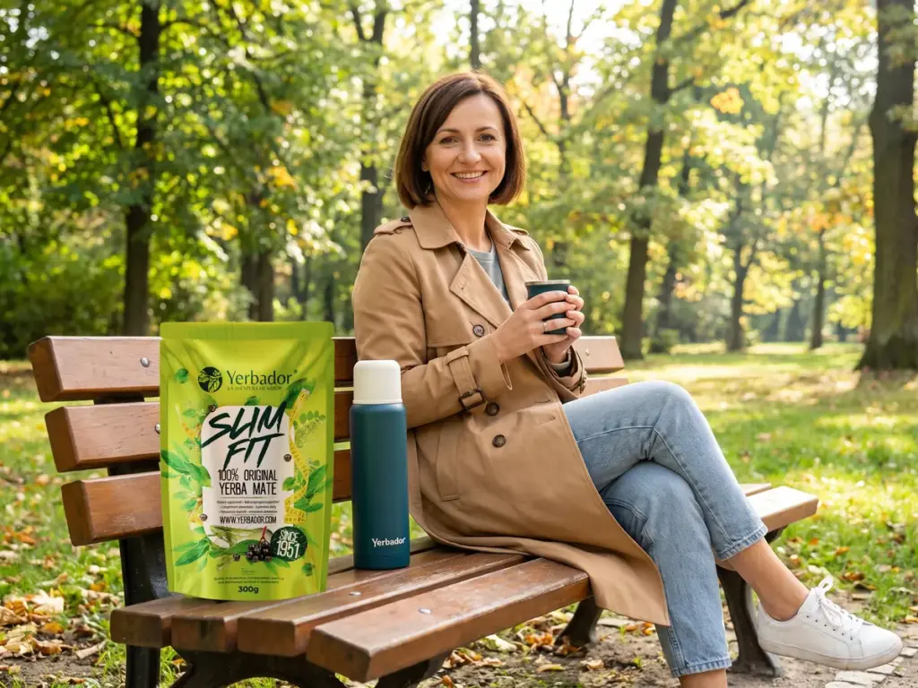 What to drink for weight loss: woman in a trench coat resting on a park bench with a thermos cup, Slim Fit pack nearby
