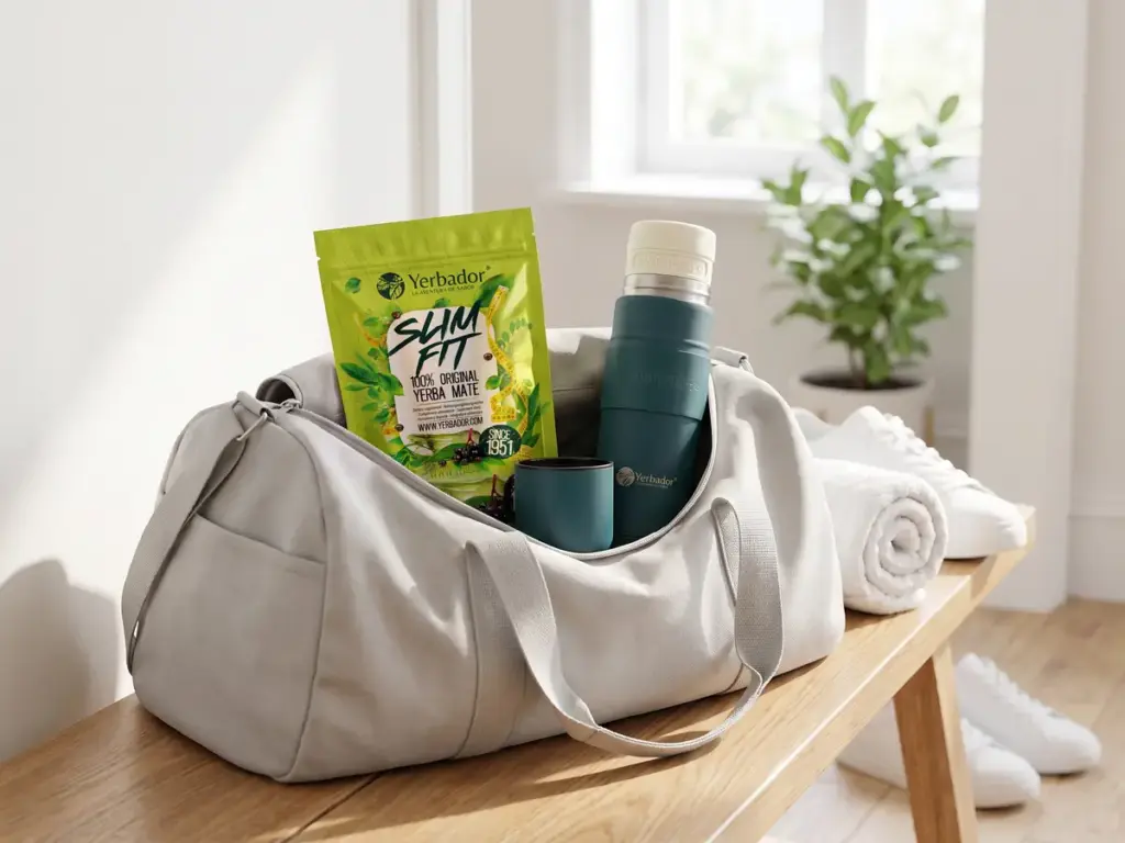 Gym bag with a Yerbador Slim Fit pack and thermos packed for the gym
