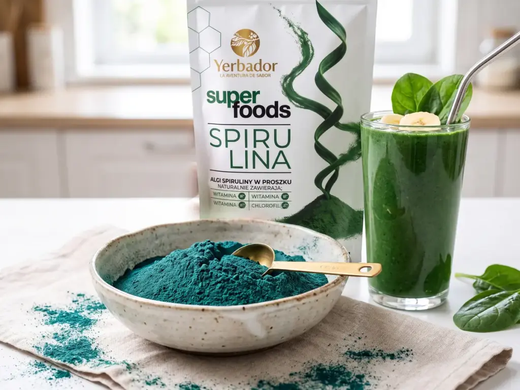 Bowl of blue-green spirulina powder, a smoothie and a Yerbador Spirulina pack