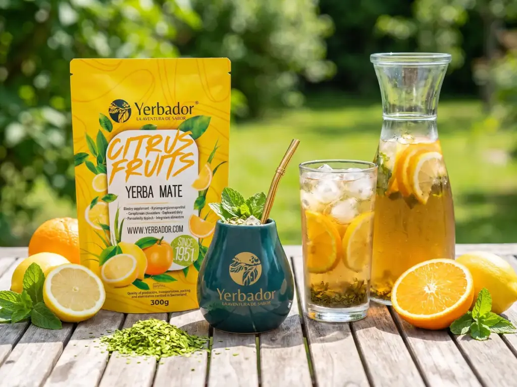 Iced tereré with orange slices in a glass and pitcher next to a Citrus Fruits pack