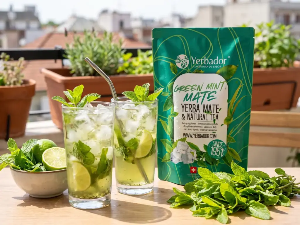 Two glasses of iced tereré with mint and lime next to a Green Mint Mate pack on a balcony