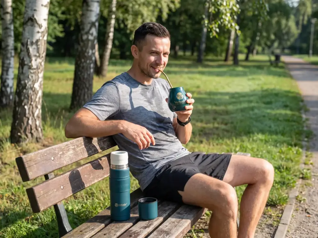Runner resting on a park bench drinking yerba mate from a matero, with a Yerbador thermos nearby