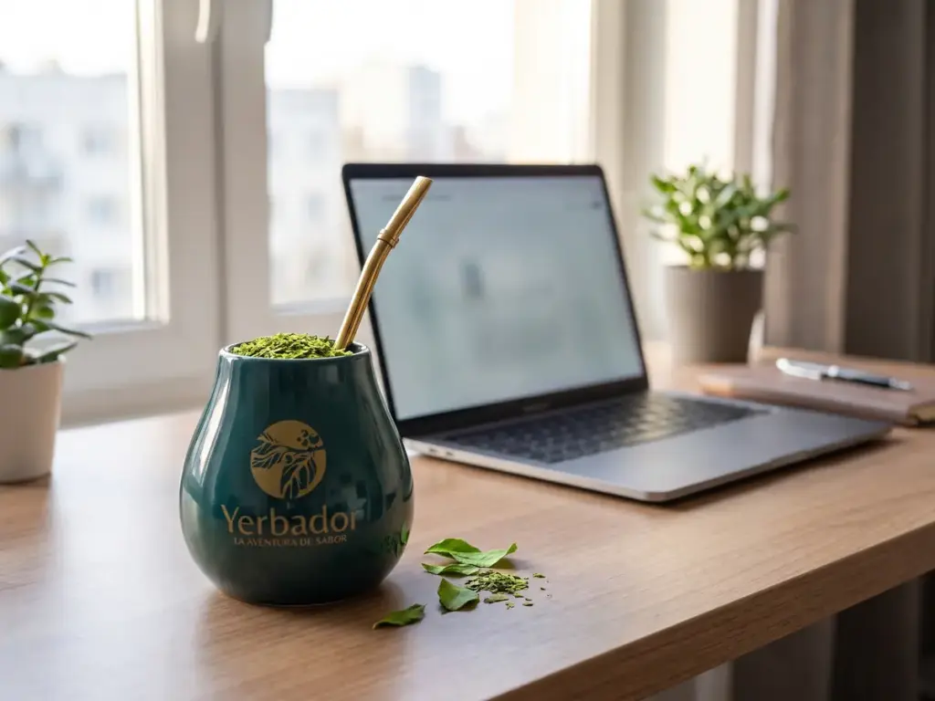 Yerbador matero with green yerba on a desk next to a laptop in a bright home office