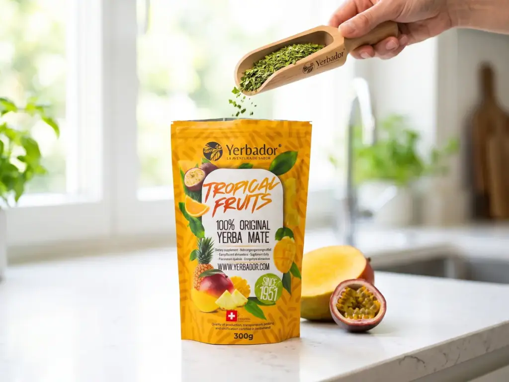 Yerba mate benefits: beech Yerbador scoop pouring green yerba into a Tropical Fruits pack in a bright kitchen