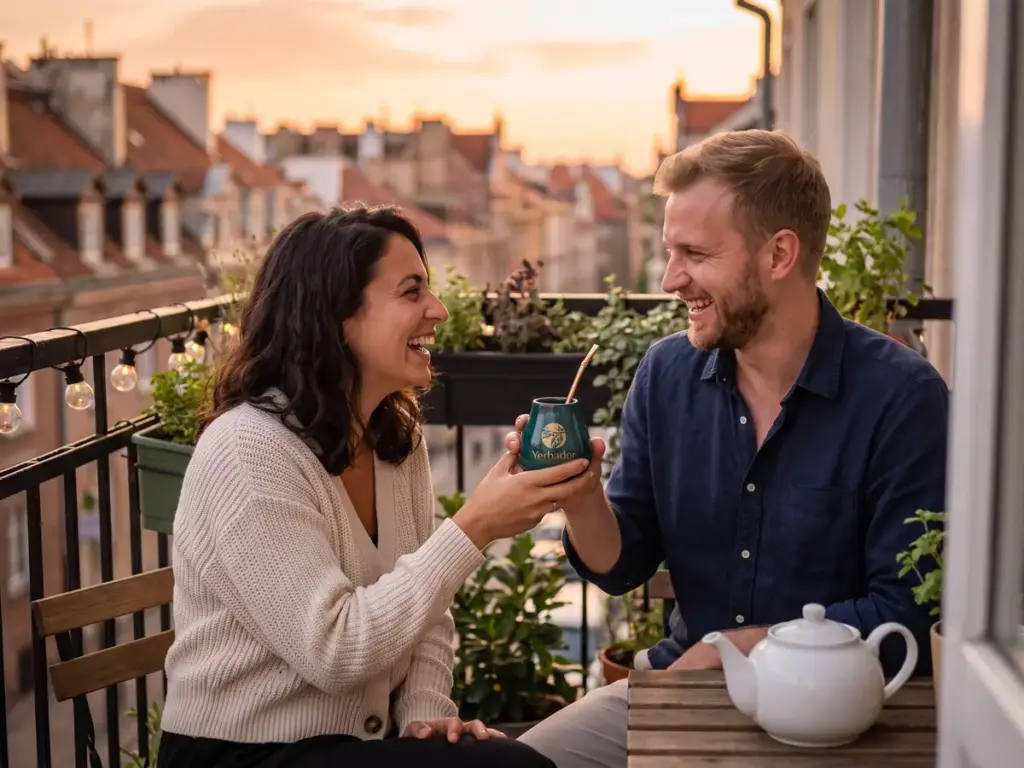 Laughing couple sharing a Yerbador matero on a balcony at sunset