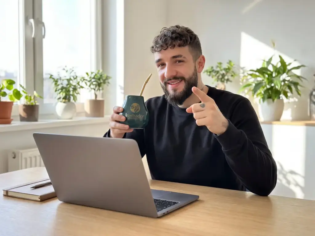 Yerba mate and cellulite: bearded man at a laptop at home holding a Yerbador matero and pointing