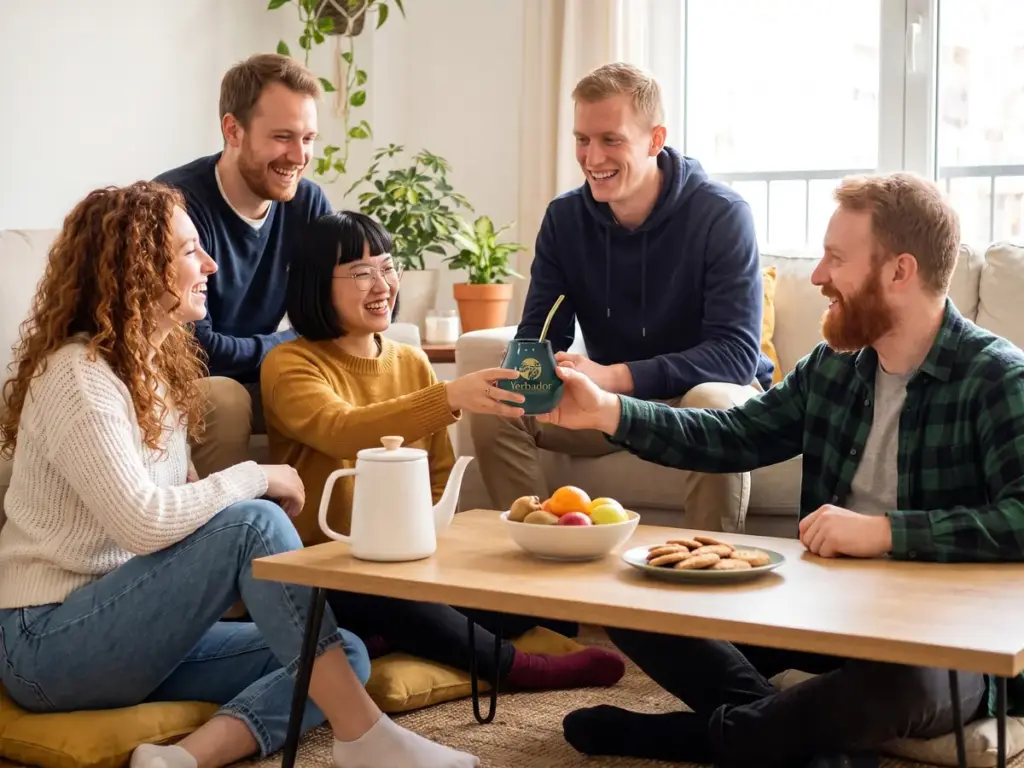 Yerba maté pour écoles de langues et universités: groupe d'amis dans un salon partageant un matero Yerbador à une table avec des fruits