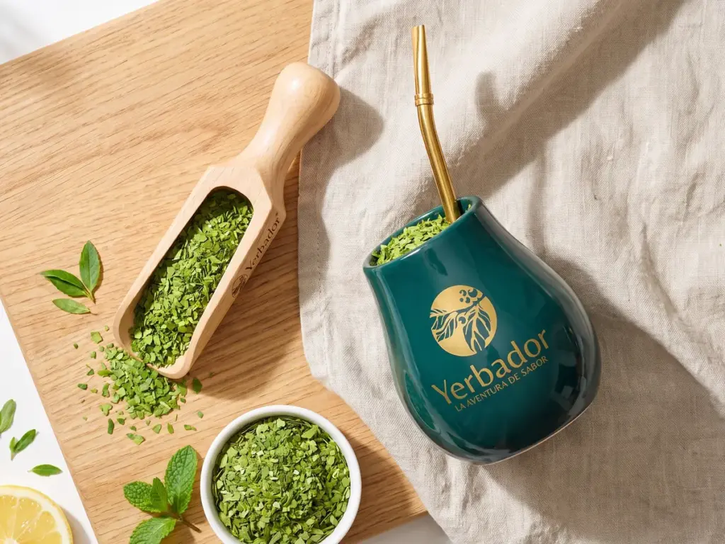 Yerbador matero, beech scoop and a bowl full of vivid green yerba mate on a linen napkin