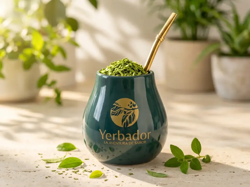 Yerbador matero cup full of vivid green yerba mate with a golden bombilla in morning sunlight