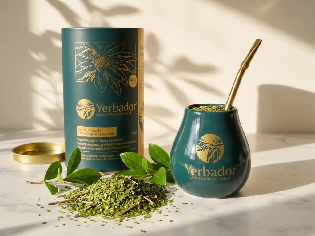 Yerbador Premium tin, scattered green yerba mate and a matero with golden bombilla on marble