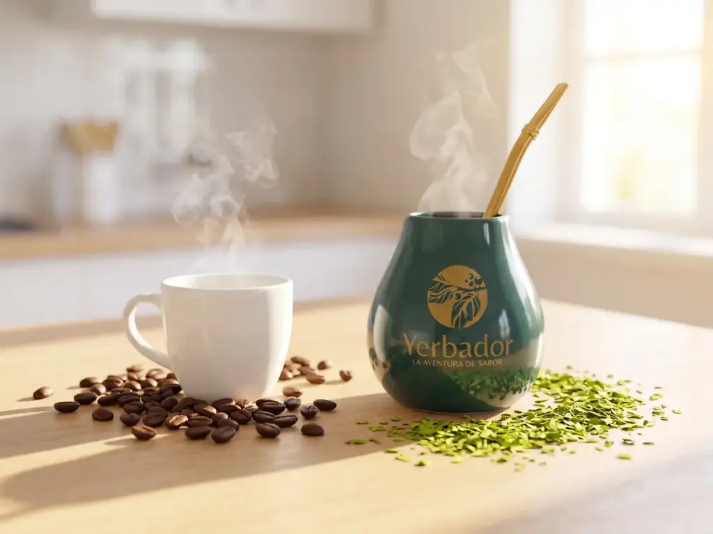 Coffee beans next to a Yerbador matero and scattered green yerba on a wooden counter in the morning