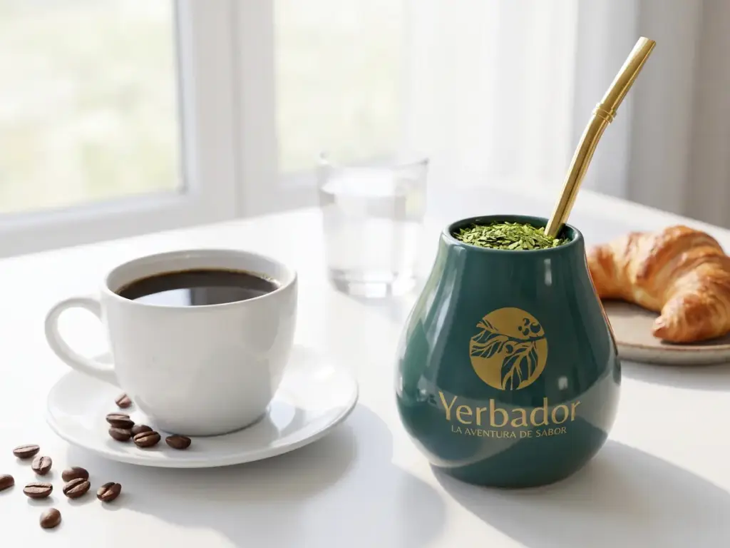 Cup of black coffee next to a Yerbador matero with green yerba on a breakfast table