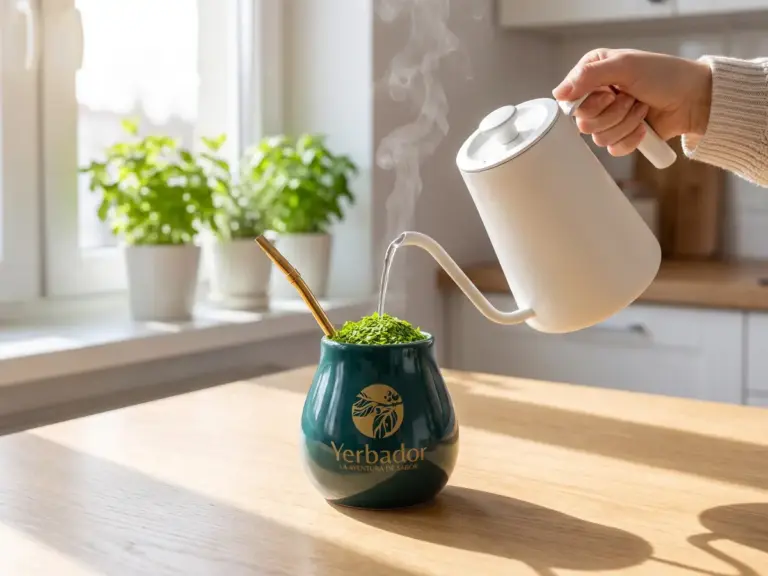 Pouring hot water from a white kettle into Yerbador matero cup with yerba mate in a bright kitchen
