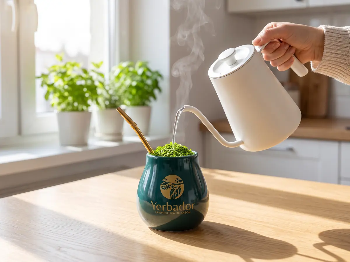 Pouring hot water from a white kettle into Yerbador matero cup with yerba mate in a bright kitchen
