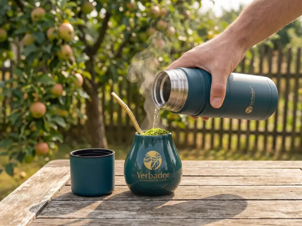 Hand pouring water from a Yerbador thermos into a matero with green yerba on a garden table
