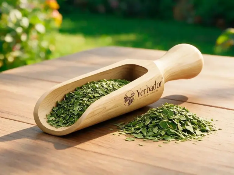 Beechwood Yerbador scoop full of vividly green dried yerba mate