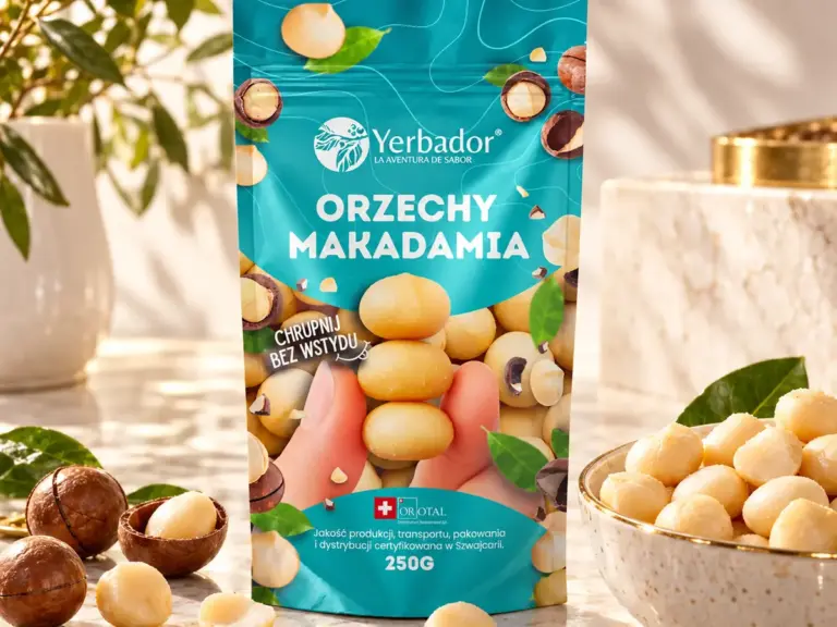 Yerbador macadamia nuts in a pack, shells and a bowl